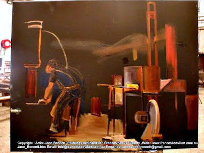 Oil painting of blacksmiths in the forge, Australian Technology Park, Eveleigh Railway Workshops painted by industrial heritage artist Jane Bennett